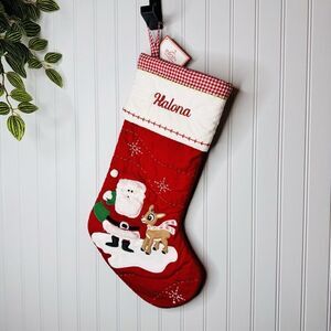 Pottery Barn Kids HALONA  Christmas Stocking SANTA & Rudolph The Reindeer NWOT